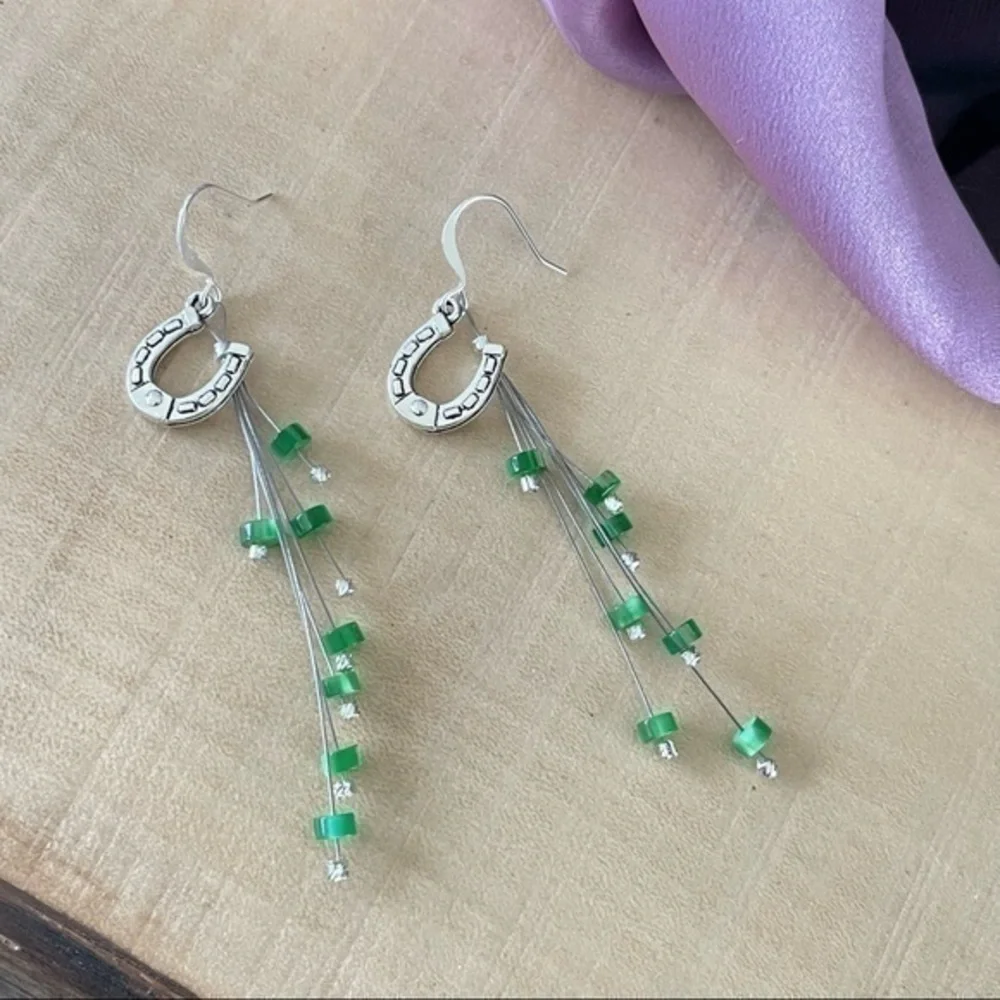 $10 SALE Lucky Horseshoe Statement Earrings Green Mixed Metal 3” Long - Picture 2 of 4
